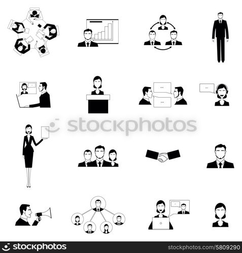 Black and white business meeting flat on the white background icons set isolated vector illustration. Business meeting flat icons set