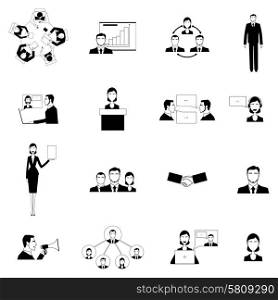 Black and white business meeting flat on the white background icons set isolated vector illustration. Business meeting flat icons set