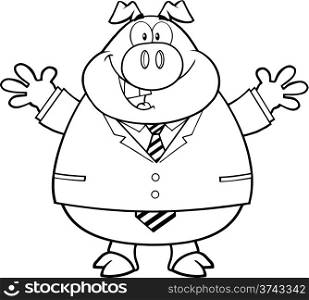 Black And White Businessman Pig Cartoon Character With Open Arms