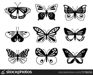 Black and white butterflies. Back butterfly silhouettes with white tracery on wings vector illustration. Black and white butterflies