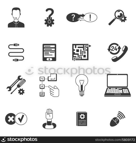 Black and white call center computer remote support icon set isolated vector illustration. Black and white support icon set