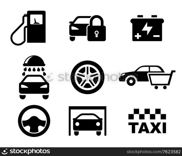 Black and white car service icons depicting a fuel pump, security