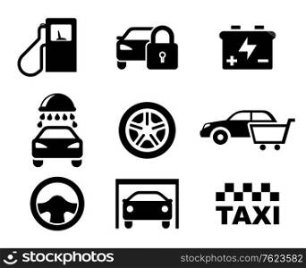 Black and white car service icons depicting a fuel pump, security, battery, car wash, tyre, purchase, steering wheel , garage and taxi