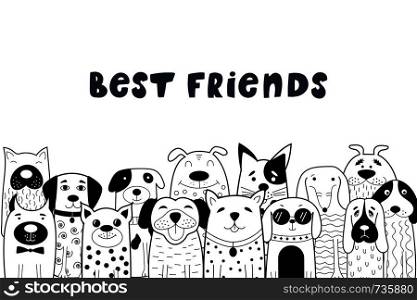 Black and white card with doodle dogs. Funny animals. Vector illustration. Can be used for child books, cards, mug, T-shirt print.