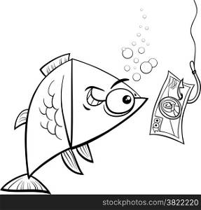Black and White Cartoon Concept Humor Illustration of Funny Fish and Fishing Hook with Money Bait