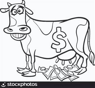 Black and White Cartoon Concept Illustration of Cash Cow Saying for Coloring Book