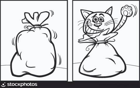 Black and White Cartoon Concept Illustration of Let The Cat Out of The Bag Saying for Coloring Book