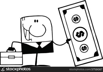 Black And White Cartoon Doodle Businessman Holding Dollar