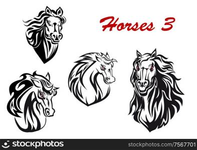 Black and white cartoon horse characters head icons with flowing manes, two facing the viewer and two turning to the side, for tattoo, mascot or equestrian sports design. Vector illustration