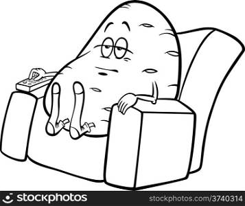 Black and White Cartoon Humor Concept Illustration of Couch Potato Saying or Proverb for Coloring Book