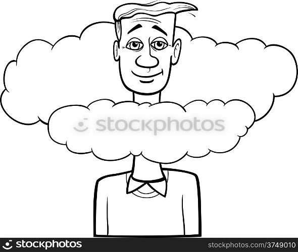 Black and White Cartoon Humor Concept Illustration of Head in the Clouds Saying or Proverb for Coloring Book