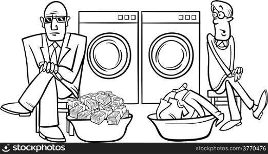 Black and White Cartoon Humor Concept Illustration of Money Laundering Saying or Proverb Coloring Book