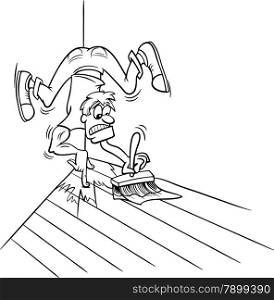 Black and White Cartoon Humor Concept Illustration of Painting Yourself into a Corner Saying or Proverb