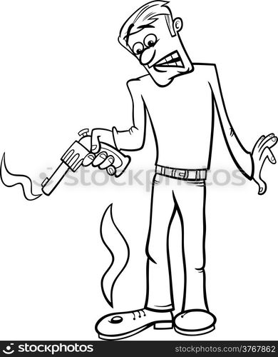 Black and White Cartoon Humor Concept Illustration of Shooting Yourself in the Foot Saying or Proverb for Coloring Book