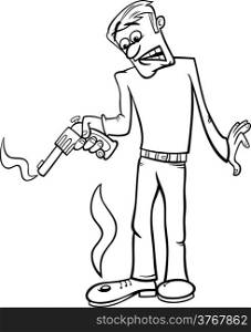Black and White Cartoon Humor Concept Illustration of Shooting Yourself in the Foot Saying or Proverb for Coloring Book