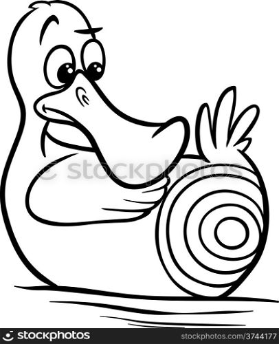 Black and White Cartoon Humor Concept Illustration of Sitting Duck Saying or Proverb for Coloring Book