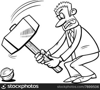 Black and White Cartoon Humor Concept Illustration of Sledgehammer to Crack a Nut Saying or Proverb