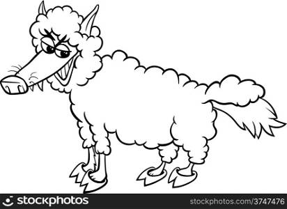 Black and White Cartoon Humor Concept Illustration of Wolf in Sheeps Clothing Saying or Proverb for Coloring Book