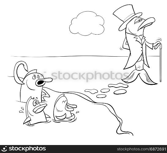 Black and White Cartoon Humorous Concept Illustration of Fish Out of Water Saying or Proverb