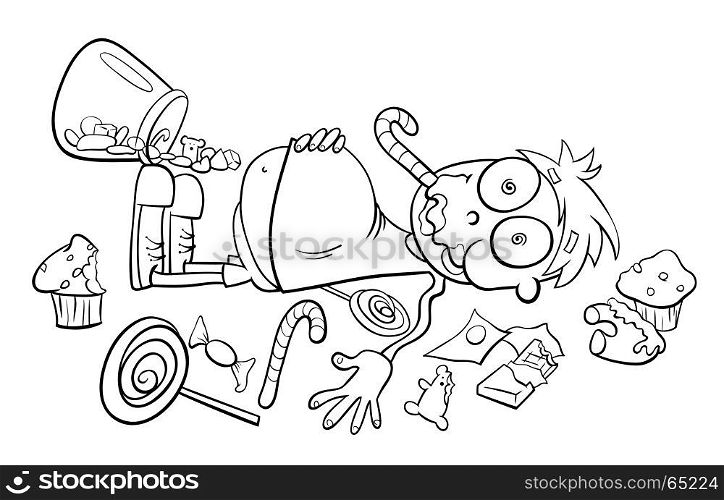 Black and White Cartoon Humorous Concept Illustration of Like a Kid in a Candy Store Saying or Proverb