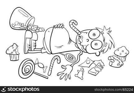 Black and White Cartoon Humorous Concept Illustration of Like a Kid in a Candy Store Saying or Proverb