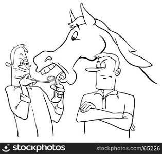 Black and White Cartoon Humorous Concept Illustration of Looking a Gift Horse in the Mouth Saying or Proverb
