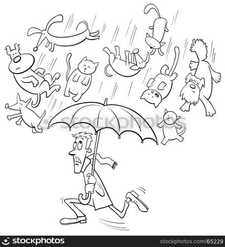 Black and White Cartoon Humorous Concept Illustration of Raining Cats and Dogs Saying or Proverb
