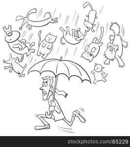Black and White Cartoon Humorous Concept Illustration of Raining Cats and Dogs Saying or Proverb
