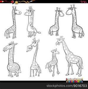 Black and white cartoon humorous illustration of funny giraffes characters set coloring page