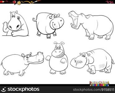 Black and white cartoon humorous illustration of hippopotamus animal characters set coloring page