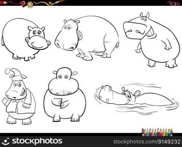 Black and white cartoon humorous illustration of hippos animal characters set coloring page