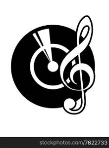 Black and white cartoon icon of a vinyl record and a musical clef depicting old retro long-play records now used to create disco music through mixing recordings