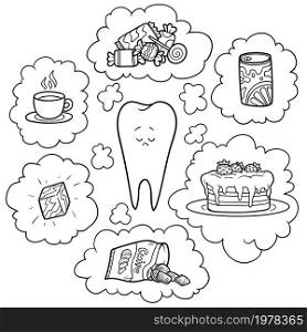 Black and white cartoon illustration. Bad food for the teeth. Educational poster for children about health