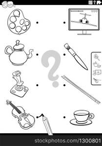 Black and White Cartoon Illustration Cartoon Illustration of Educational Matching Game for Children with Objects Coloring Book Page