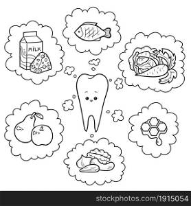 Black and white cartoon illustration. Good food for teeth. Educational poster for children about health
