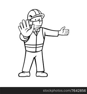 Black and white cartoon illustration of a construction worker wearing face mask showing stop hand signal and other hand pointing directing to side front view in retro style on isolated background.. Construction Worker Wearing Face Mask Showing Stop Hand Signal Pointing Black and White Cartoon