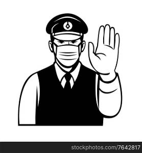Black and white cartoon illustration of a Japanese policeman or police officer wearing face mask or covering showing stop hand signal viewed from front in retro style on isolated background.. Japanese Policeman or Police Officer Wearing Face Mask Showing Stop Hand Signal Black and White Cartoon