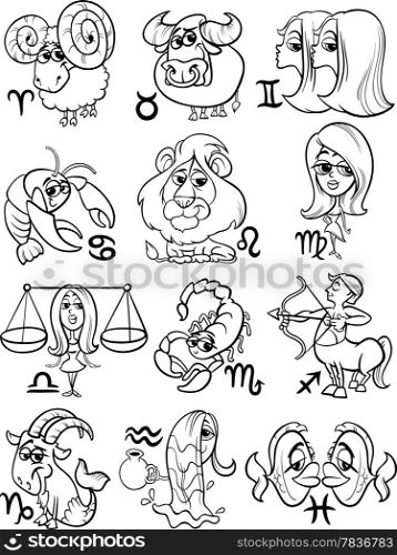 Black and White Cartoon Illustration of All Horoscope Zodiac Signs Set