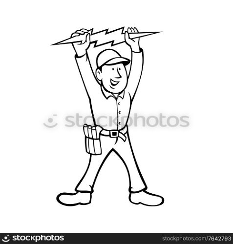 Black and white cartoon illustration of an electrician, power lineman or construction worker holding holding up a lightning bolt viewed from front done in retro style on isolated white background.. Electrician Holding Up Lightning Bolt Front View Cartoon Black and White