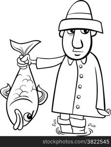Black and White Cartoon Illustration of Angler or Fisherman with Big Fish for Coloring Book