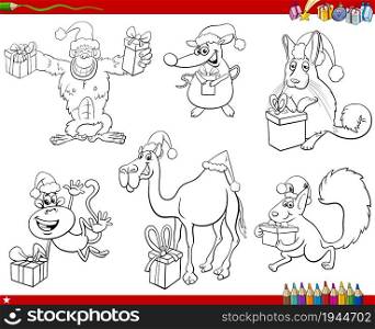 Black and white cartoon illustration of animal characters on Christmas time set coloring book page