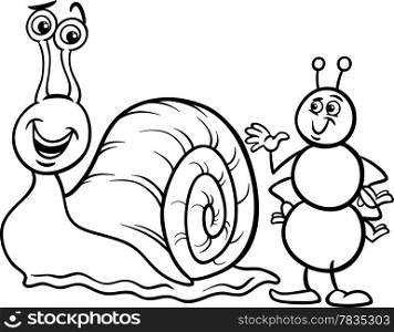 Black and White Cartoon Illustration of Ant Insect and Snail Characters for Coloring Book