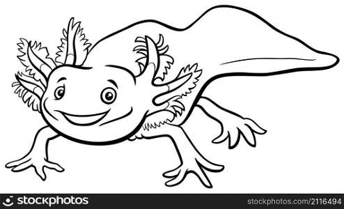 Black and white cartoon illustration of axolotl aquatic animal character coloring book page