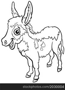 Black and white cartoon illustration of baby donkey farm animal character coloring book page