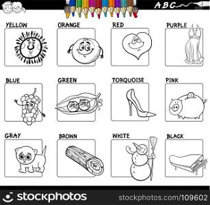 Black and White Cartoon Illustration of Basic Colors Educational Workbook Set for Children with Objects and Comic Characters