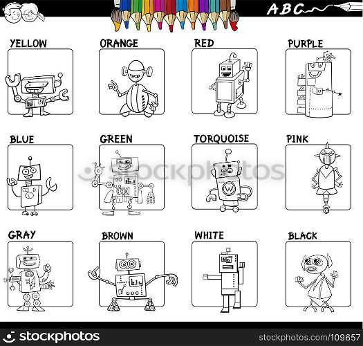 Black and White Cartoon Illustration of Basic Colors Educational Workbook Set for Children with Robots Comic Characters