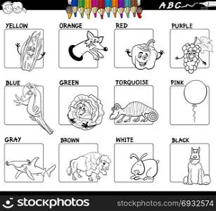 Black and White Cartoon Illustration of Basic Colors Educational Workbook Set for Children with Comic Characters