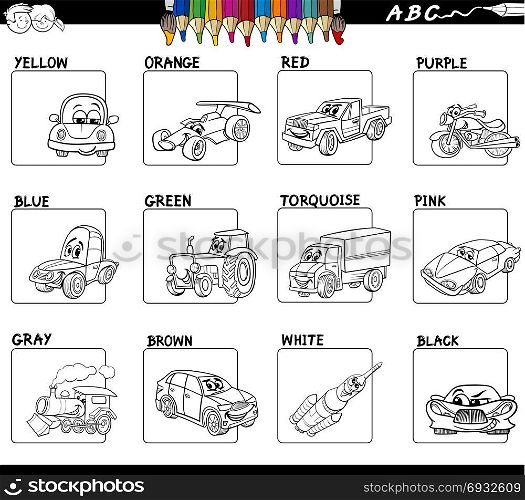 Black and White Cartoon Illustration of Basic Colors Educational Workbook Set for Children with Transportation Comic Characters
