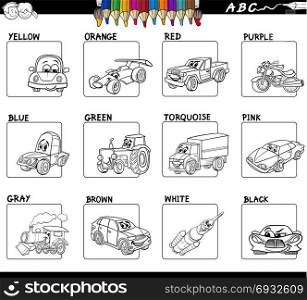 Black and White Cartoon Illustration of Basic Colors Educational Workbook Set for Children with Transportation Comic Characters