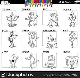 Black and White Cartoon Illustration of Basic Colors Educational Workbook Set for Children with Robots Comic Characters